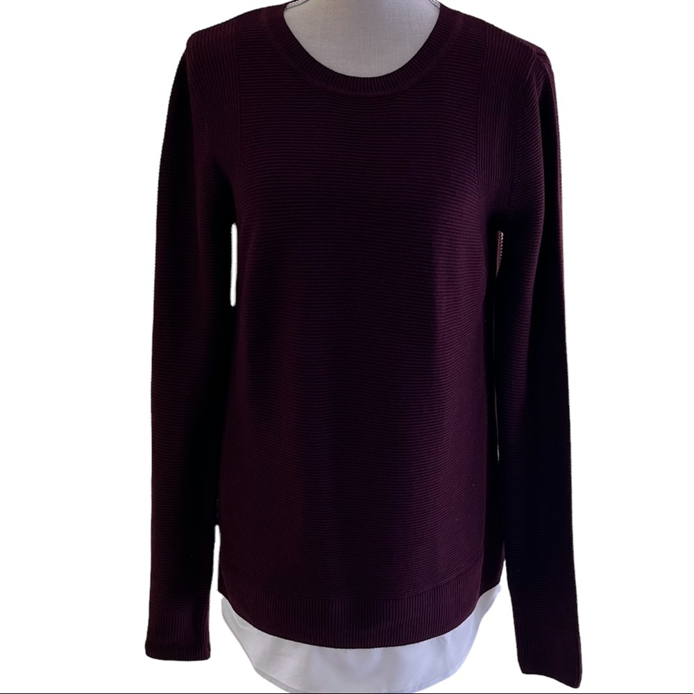 Hilary Radley Burgundy Pull-Over Sweater with White Faux Layered Blouse S